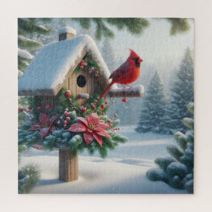 Puzzle Cardenal de invierno en un hogar festivo