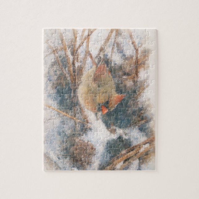 Puzzle Cardenal Hembra Acuarela de Invierno (Vertical)