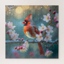 Puzzle Cardenal masculino en flor de cerezo a la luz de l