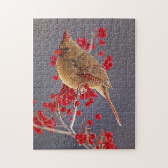 Puzzle Cardenal norte femenino entre hawthorn (Vertical)