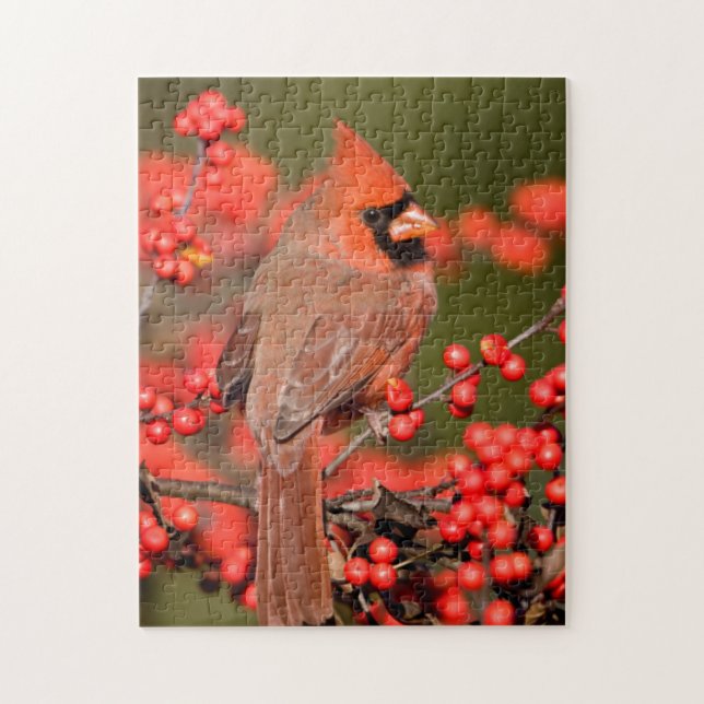 Puzzle Cardenal Norteño en Acebo Común de Invierno (Vertical)
