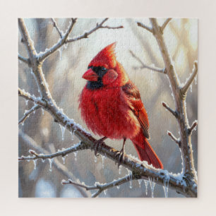 Puzzle Cardenal Posado en Rama Invernal con Carámbanos