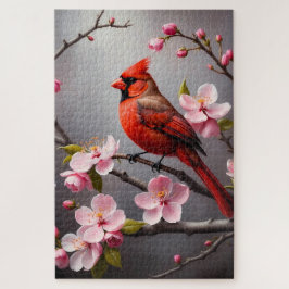Puzzle Cardenal Rojo con Flores Rosadas Pájaro 