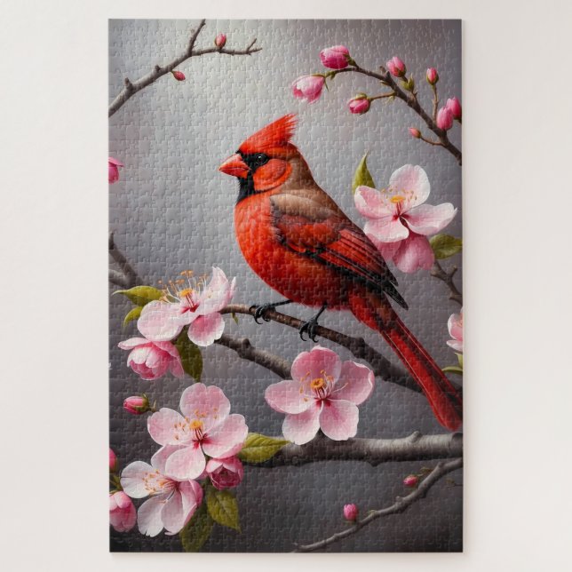 Puzzle Cardenal Rojo con Flores Rosadas Pájaro  (Vertical)