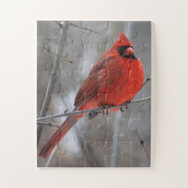 Puzzle Cardenal rojo vivo y brillante en nieve de inviern (Vertical)