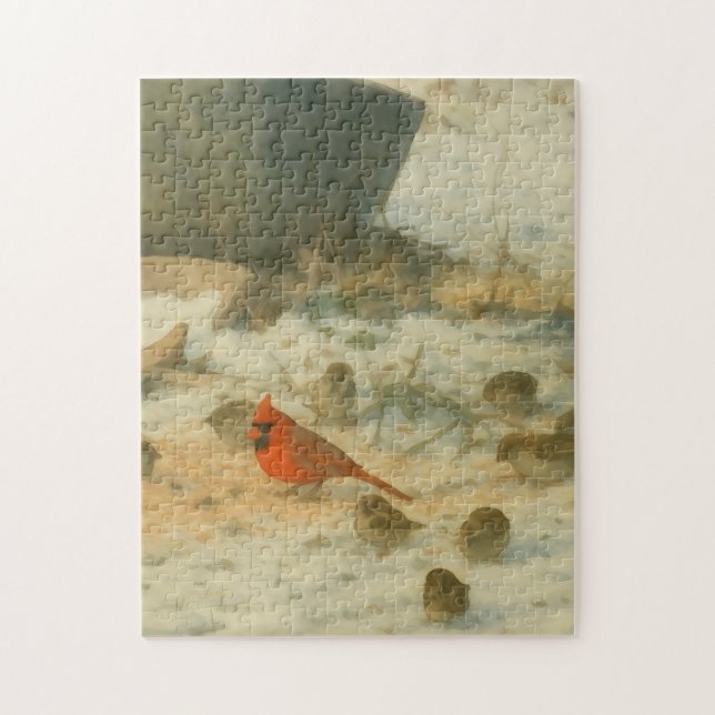 Puzzle Cardenal y gorriones acuarela de invierno (Vertical)
