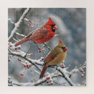 Puzzle Cardenales en rama de árbol invernal