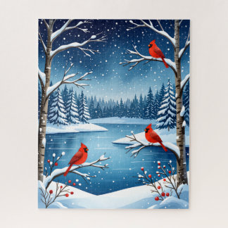 Puzzle Cardenales por un Snowy Lake Winter Scene