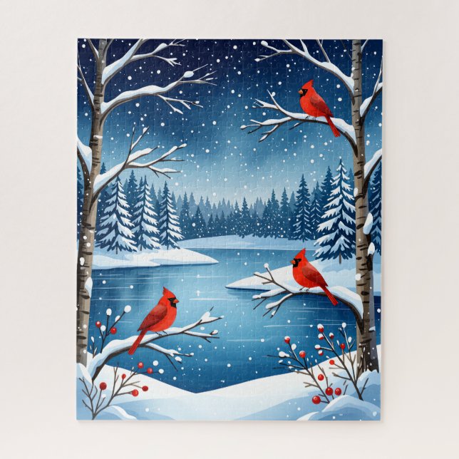 Puzzle Cardenales por un Snowy Lake Winter Scene (Vertical)