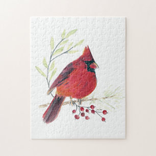 Puzzle Cardinal Bird Watercolor Art