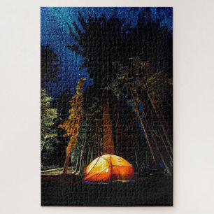 Puzzle Carpa bosque camping Pinos altos Cielo nocturno es