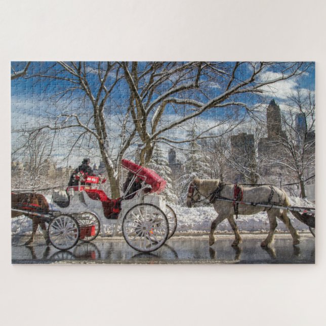 Puzzle Carriage Horses in Central Park Snow (Horizontal)