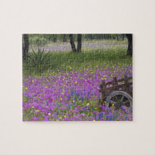 Puzzle Carro de madera en campo de Phlox, Bonetes Azules