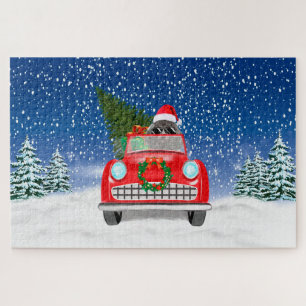 Puzzle Carro de perro perro caniche en Navidades de nieve