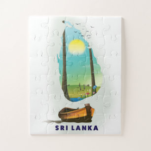 Puzzle Cartel de turismo de Sri Lanka con mapa ilustrado.