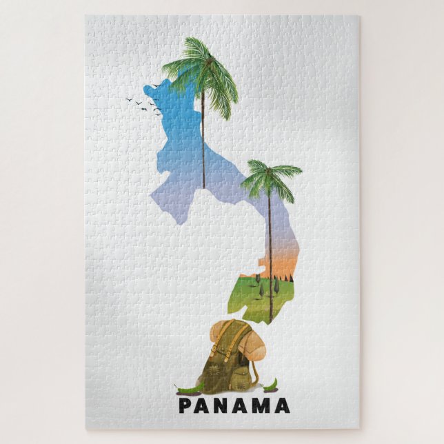 Puzzle Cartel de viaje ilustrado del mapa de Panamá. (Vertical)