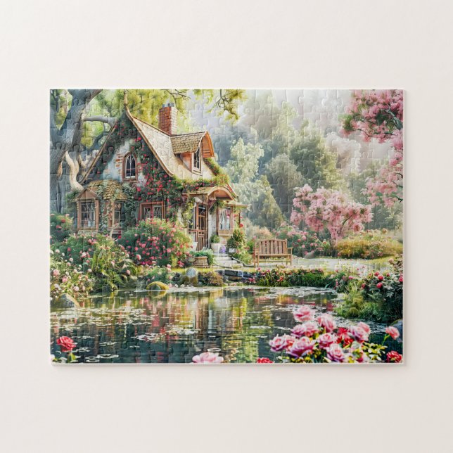 Puzzle Casa caprichosa con rododendros y estanque (Horizontal)