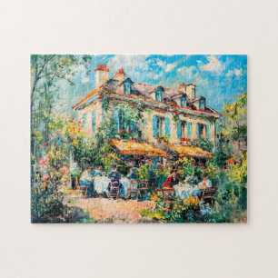 Puzzle Casa con mesas de jardín y personas