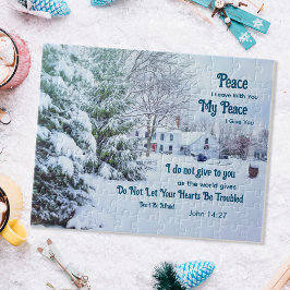 Puzzle Casa de bosque de invierno - Verso de la Biblia de