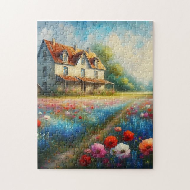 Puzzle Casa de campo en un campo de flores (Vertical)