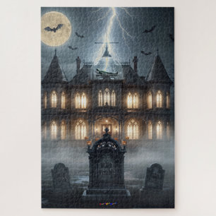 Puzzle Casa de Halloween con Frankie, gris oscuro