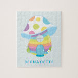 Puzzle Casa de hongos de arco iris suntuosa y fina<br><div class="desc">Este lindo rompecabezas presenta un caprichoso ilustracion de la casa de setas de la hada del arco iris en azul verde azulado,  amarillo y rosa. Personalízalo con tu nombre. Gran idea de regalo.</div>