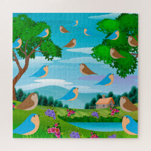 Puzzle Casa de paisaje árboles pájaros flores naturaleza,