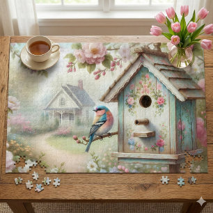 Puzzle Casa de pájaros primaveral con flores pastel y ave
