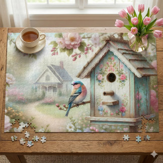 Puzzle Casa de pájaros primaveral con flores pastel y ave