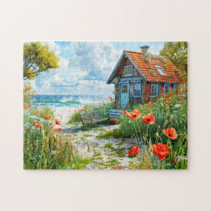 Puzzle Casa de playa con dunas y amapolas