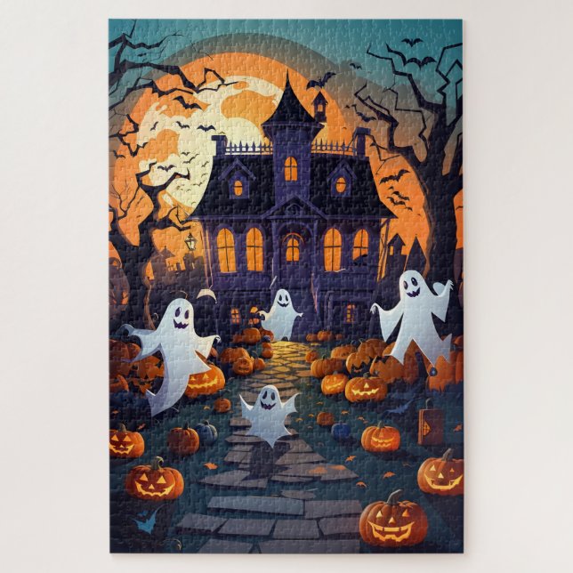 Puzzle Casa divertida, calabazas y Fantasma Halloween (Vertical)