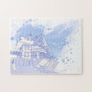 Puzzle casa: drenaje de la acuarela