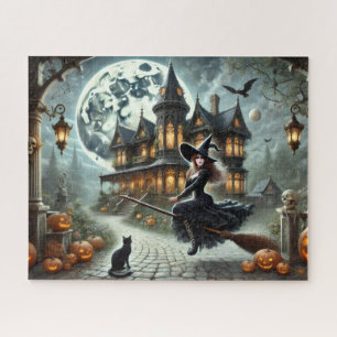 Puzzle Casa embrujada, Bruja y luna llena Halloween