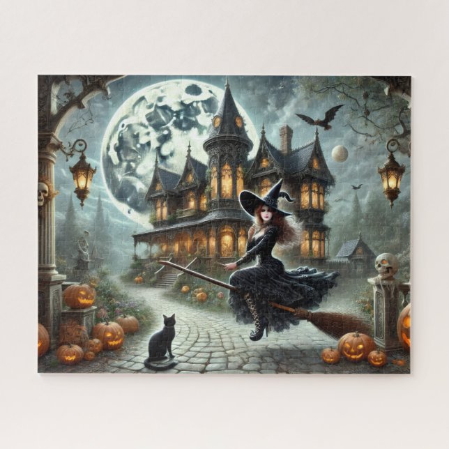Puzzle Casa embrujada, Bruja y luna llena Halloween (Horizontal)