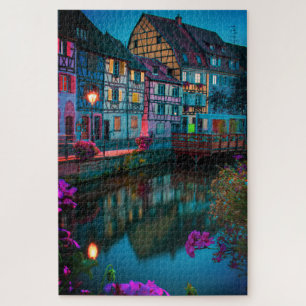 Puzzle Casa Tudor Cottage de noche en el río en Francia
