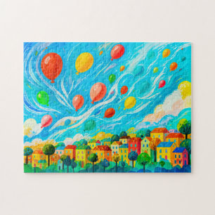 Puzzle Casas coloridas con globos en un cielo ventoso