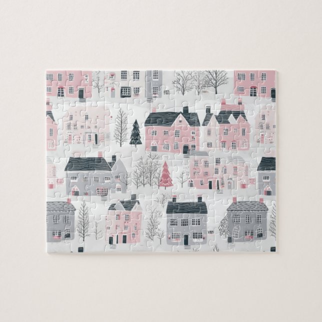 Puzzle Casas de Navidades grises rosados en blanco (Horizontal)