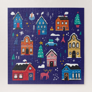 Puzzle Casas de navidades: Ilustracion Vintage plano.