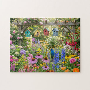 Puzzle Casas para pájaros, pájaros vibrantes y flores en