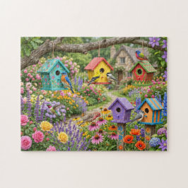 Puzzle Casas para pájaros, pájaros vibrantes y flores en 