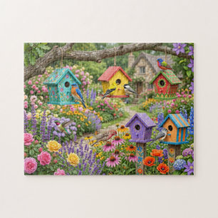 Puzzle Casas para pájaros, pájaros vibrantes y flores en
