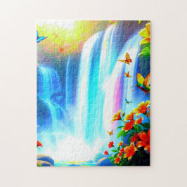 Puzzle Cascada arcoiris con aves y mariposas