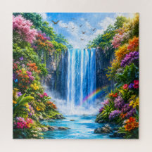 Cascada mágica con arcoíris y flor colorida