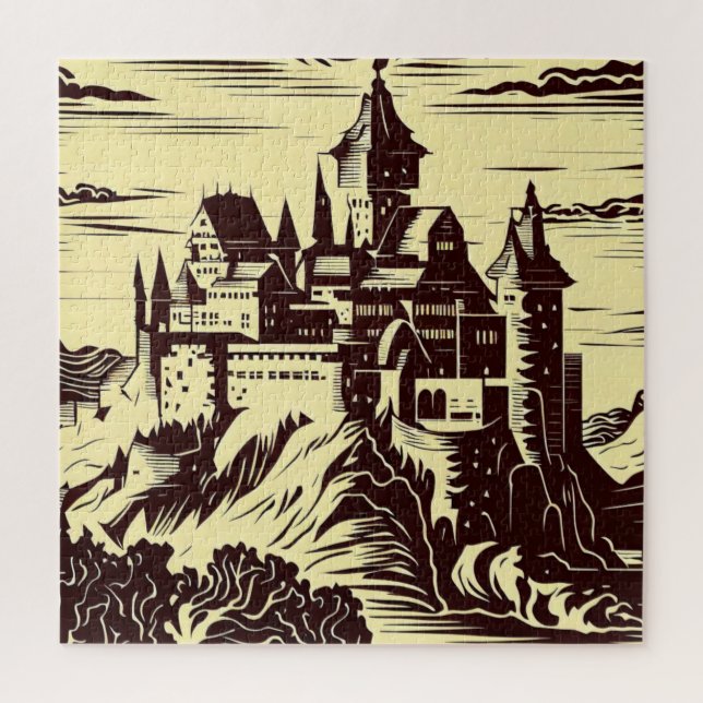 Puzzle Castillo medieval de fantasía - Estilo Woodcut jap (Vertical)