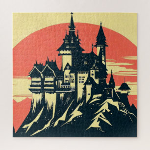 Puzzle Castillo medieval de fantasía - Estilo Woodcut jap