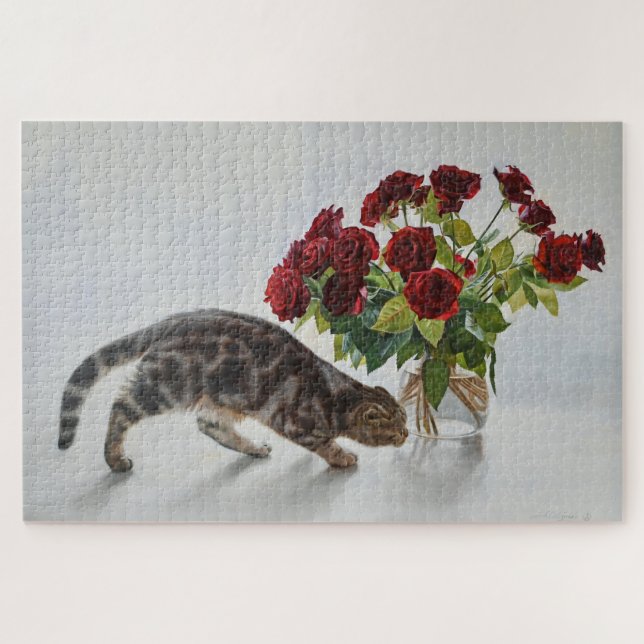Puzzle Cat and Red Roses – Realistic Oil Painting Print (Horizontal)