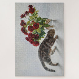 Puzzle Cat and Red Roses – Realistic Oil Painting Print