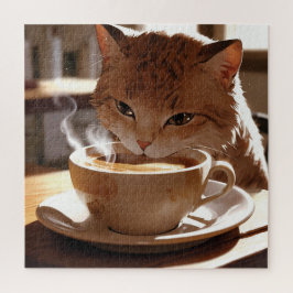 Puzzle Cat drinking coffee from a cup