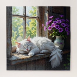 Puzzle Cat Napping on the Window Sill | Purple Flowers
