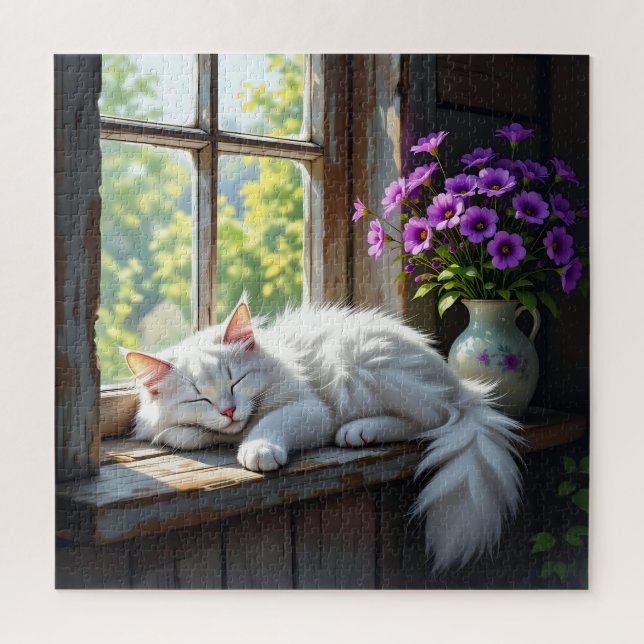 Puzzle Cat Napping on the Window Sill | Purple Flowers (Vertical)